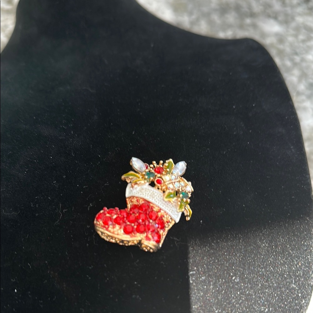 Festive Red Rhinestone Holiday Brooch